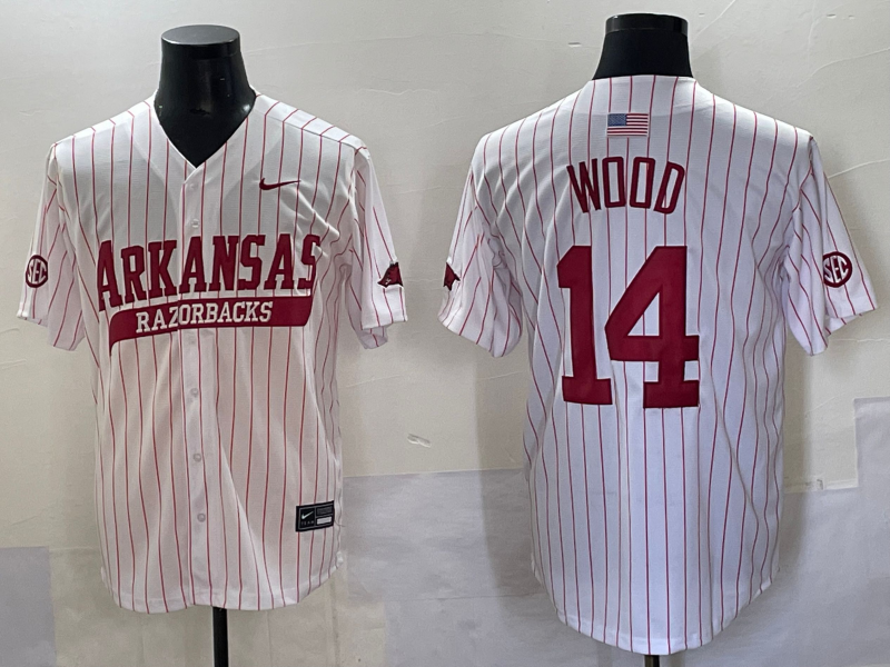 Men's Arkansas Razorbacks Gage Wood #14 White Replica Player Jersey