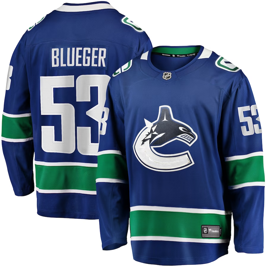 Men's Vancouver Canucks Teddy Blueger #53 Blue Home Breakaway Jersey1