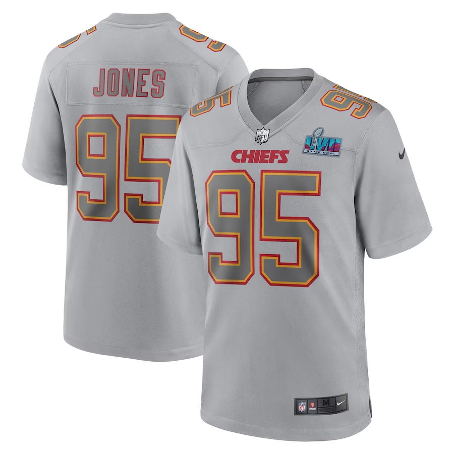 Men's Kansas City Chiefs Chris Jones #95 Gray Super Bowl LVII Patch Atmosphere Fashion Game jersey