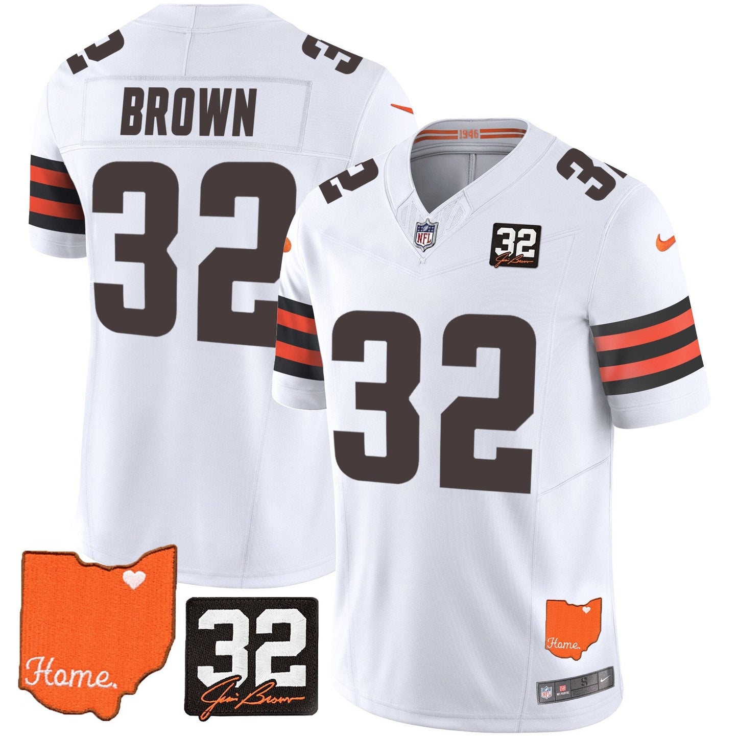 Jim Brown Cleveland Browns #32 Jim Brown Memorial & Home Patch Jersey 窶 All Stitched