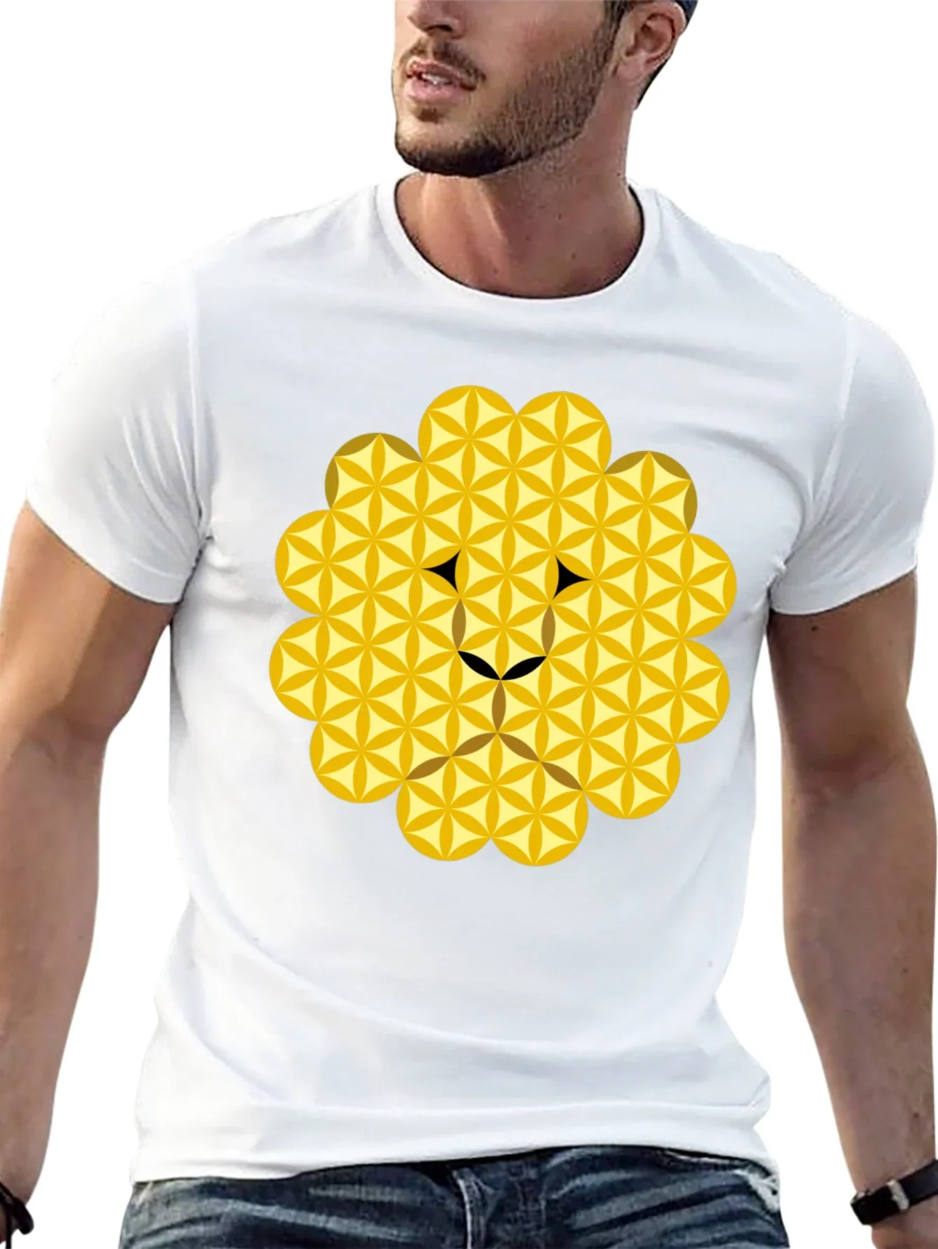 Geometric Flower of Life Lion Head Black T-Shirt