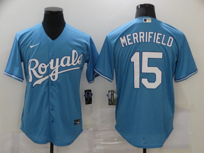 Men's Kansas City Royals Whit Merrifield #15 Blue Replica Baseball Jersey1