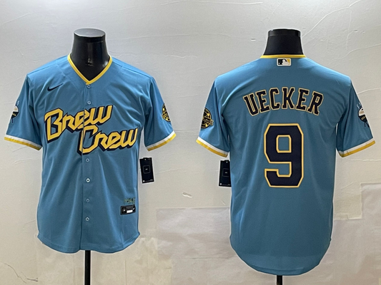 Men's Milwaukee Brewers Bob Uecker #9 Powder Blue City Connect Replica Player Jersey