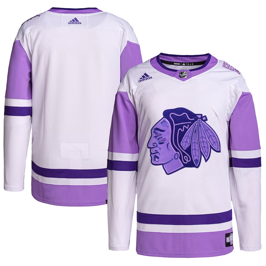 Men's Chicago Blackhawks White/Purple Hockey Fights Cancer Primegreen Authentic Blank Practice Jersey1