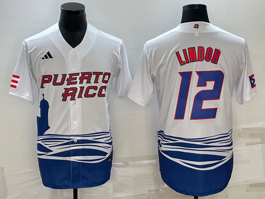 Men's 2023 World Baseball Classic #12 Francisco Lindor Puerto Rico White jersey