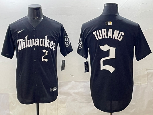 Men's Milwaukee Brewers Brice Turang #2 Black Replica Team Jersey