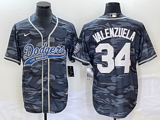 Men's Los Angeles Dodgers Fernando Valenzuela #34 Grey Camouflage Player Jersey1 Joint Edition