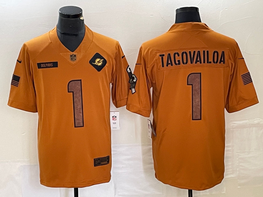 Men's Miami Dolphins Tua Tagovailoa #1 Brown 2023 Salute To Service Limited jersey