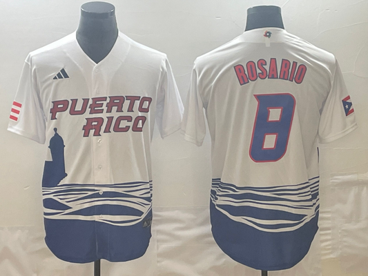 Men's 2023 World Baseball Classic #8 Eddie Rosario Puerto Rico White jersey