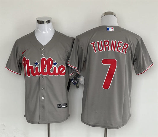 Men's Philadelphia Phillies Trea Turner #7 Gray Replica Player Jersey1