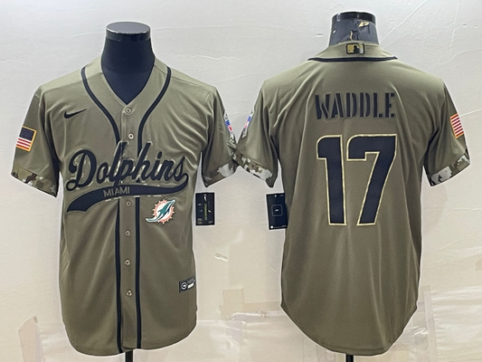 Men's Miami Dolphins Jaylen Waddle #17 Olive 2022 Salute To Service Limited jersey Joint Edition