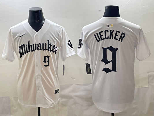 Men's Milwaukee Brewers Bob Uecker #9 White Replica Player Jersey