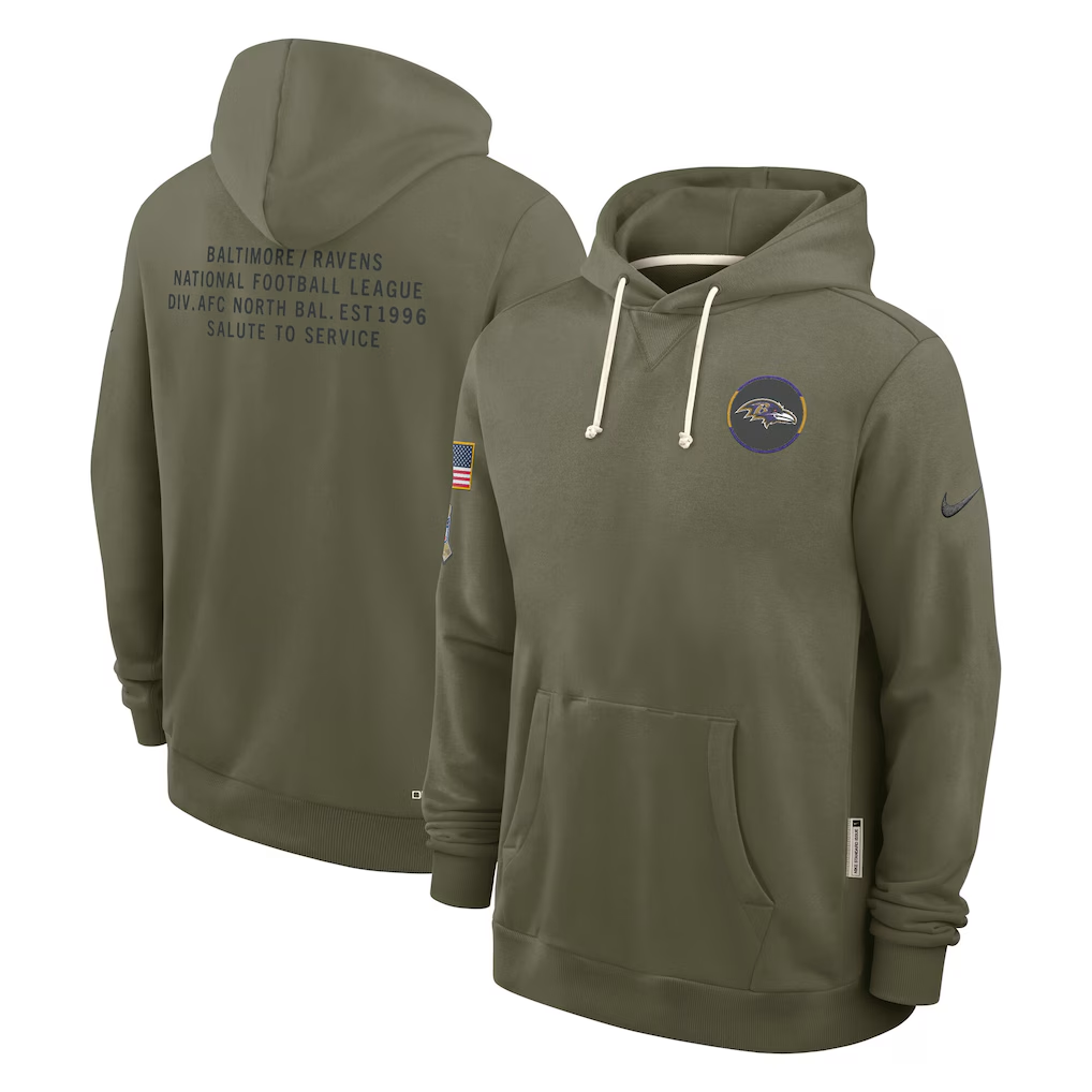 Men's Baltimore Ravens Nike Olive 2025 Salute to Service Sideline Standard Issue Dri-FIT Hoodie