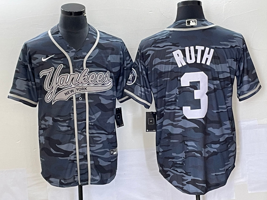 Men's New York Yankees Babe Ruth #3 Grey Camouflage Player Jersey1 Joint Edition