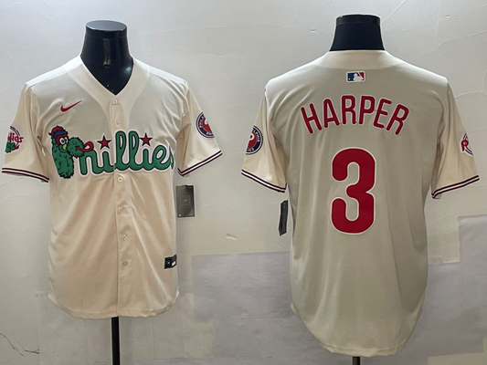 Men's Philadelphia Phillies Bryce Harper #3 Cream Replica Player Jersey1