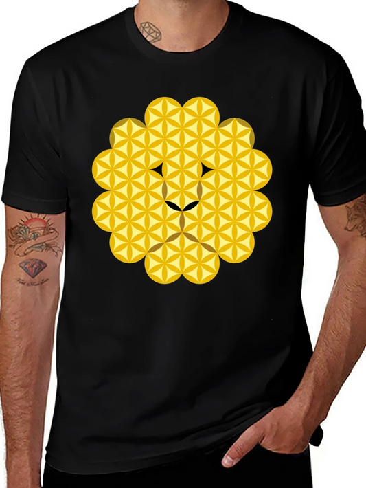 Geometric Flower of Life Lion Head Black T-Shirt