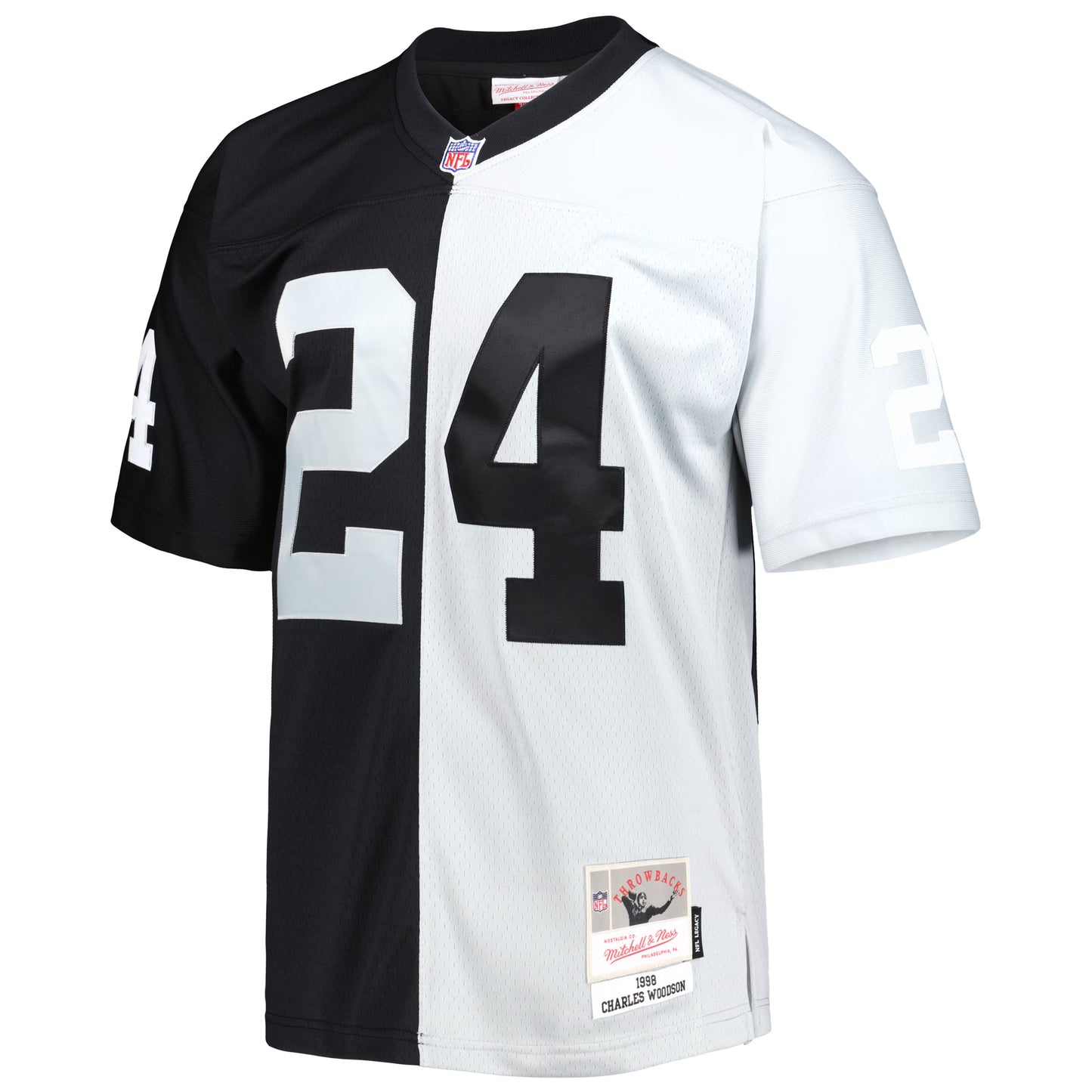 Las Vegas Raiders Charles Woodson Mitchell & Ness Black/Silver 1998 Split Legacy Replica Jersey