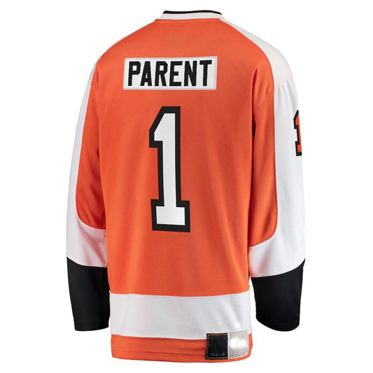 P.Flyers #1 Bernie Parent Premier Breakaway Retired Player Jersey Orange Stitched American Hockey Jerseys