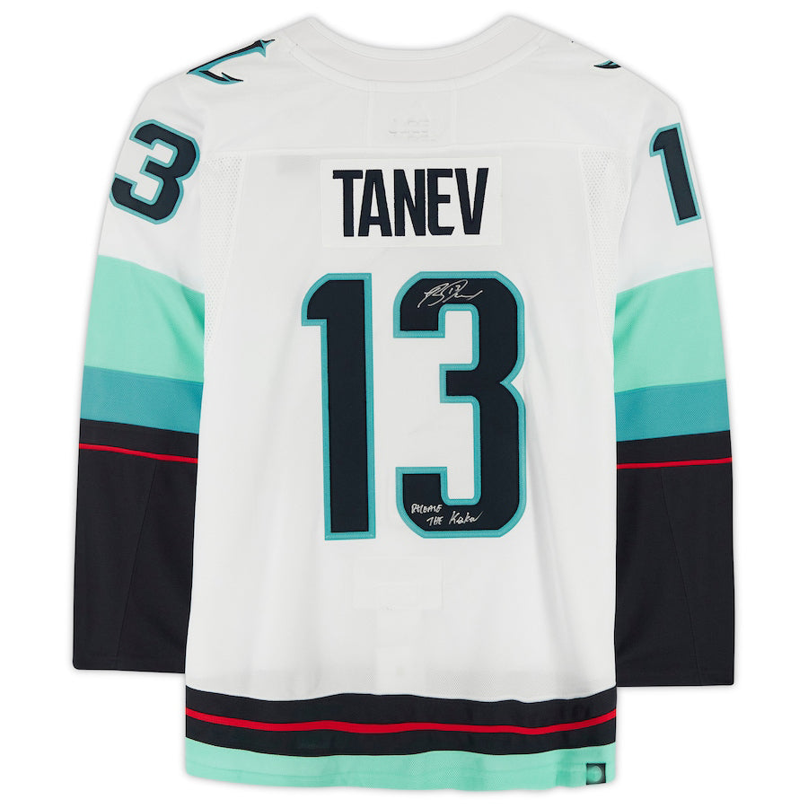 S.Kraken #13 Brandon Tanev   with Release The Kraken Inscription and Inaugural Season Jersey Patch White Stitched American Hockey Jerseys