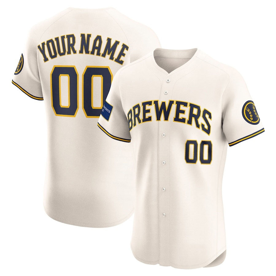 Custom Milwaukee Brewers Home Elite Sponsor Patch Jersey ?Cream Stitched Baseball Jersey