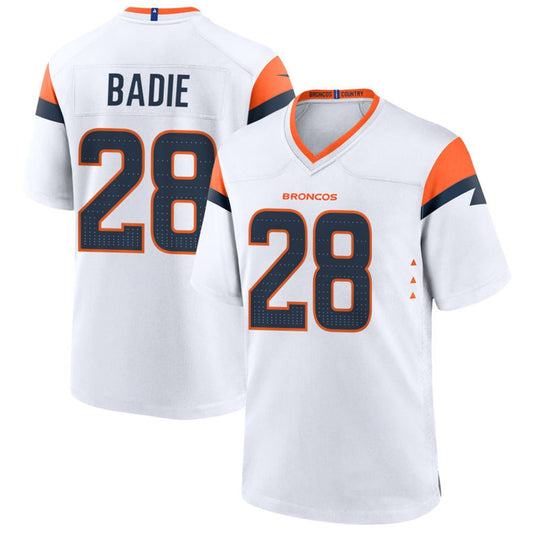 D.Broncos #28 Tyler Badie Player White Home Game Football Jerseys