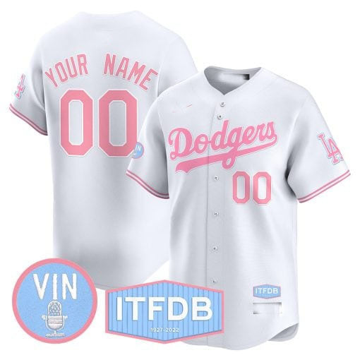Custom Los Angeles Dodgers Vin ITFDB Patch Bubblegum Pink Vapor Premier Limited ?All Stitched Baseball Jersey