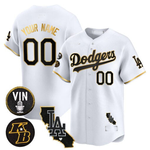 Custom Los Angeles Dodgers Vin Patch & Kobe Bryant Gold Trim Vapor Premier Limited V2 ?All Stitched Baseball Jersey