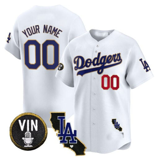Custom Los Angeles Dodgers Vin & California Patch Gold Trim Vapor Premier Limited ?All Stitched Baseball Jersey
