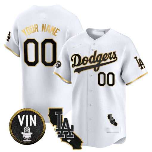 Custom Los Angeles Dodgers Vin & California Patch Gold Trim Vapor Premier Limited ?All Stitched Baseball Jersey