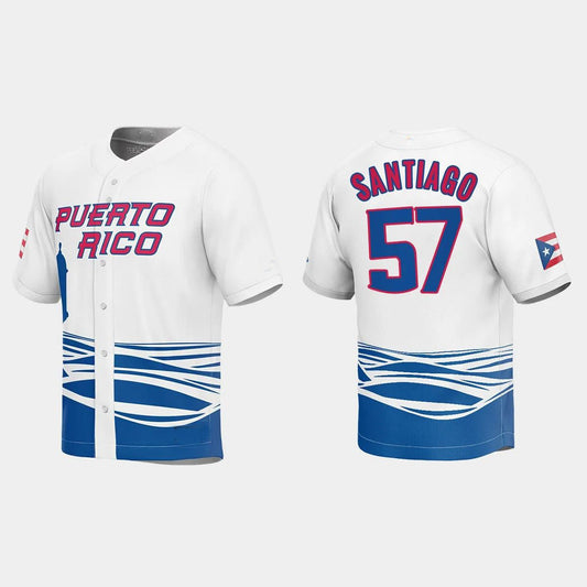 #57 HECTOR SANTIAGO PUERTO RICO BASEBALL 2023 WORLD BASEBALL CLASSIC JERSEY ¨C WHITE Stitches Baseball Jerseys