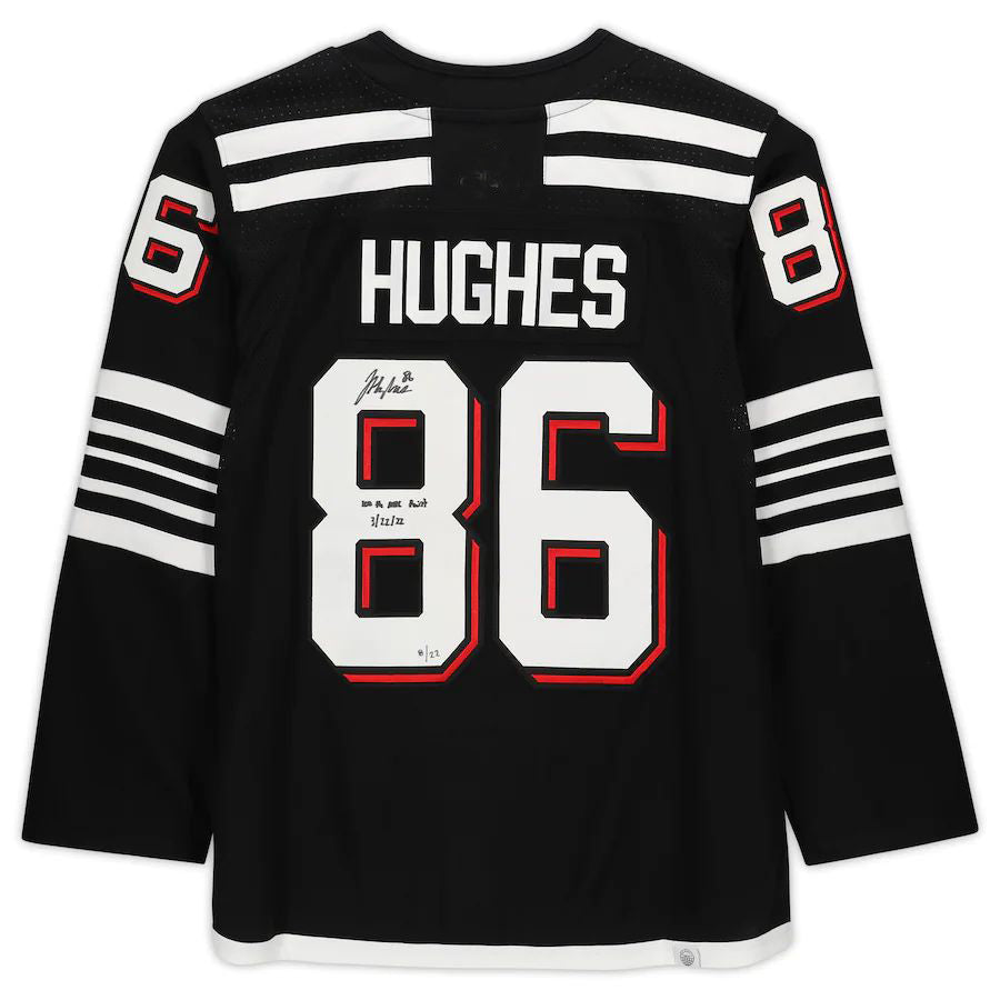 NJ.Devils #86 Jack Hughes   Alternate with 100th Point 3.22.22 Inscription Limited Edition of 22 Hockey Jerseys