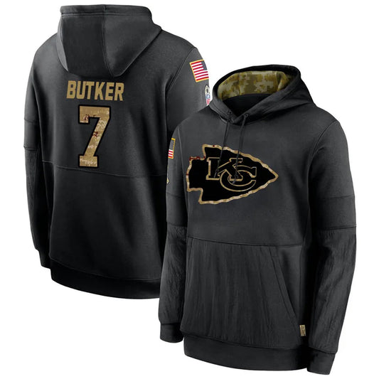 KC.Chiefs #7 Harrison Butker Player Black Salute to Service Hoodies Football Jerseys