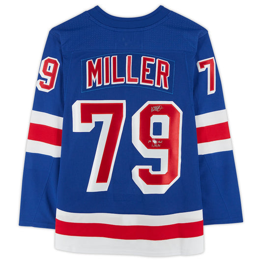 NY.Rangers #79 K'Andre Miller   with 1st Goal 1-26-21 Inscription Blue Stitched American Hockey Jerseys