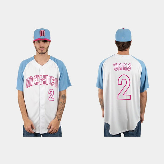 #2 LUIS URIAS MEXICO BASEBALL 2023 WORLD BASEBALL CLASSIC JERSEY ¨C WHITE BLUE Stitches Baseball Jerseys