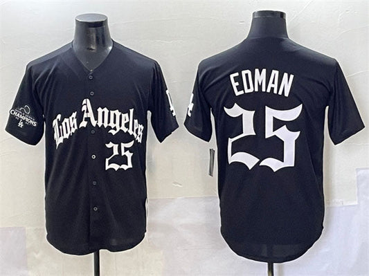 Los Angeles Dodgers #25 Tommy Edman Black Mexico 2025 LA Gothic Style With 2024 World Series Champions Patch Vapor Premier Limited Stitched Baseball Jersey