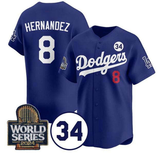 Los Angeles Dodgers #8 Enrique Hernﾃ｡ndez Royal 2024 World Series With No. 34 Patch Limited Stitched Baseball Jersey