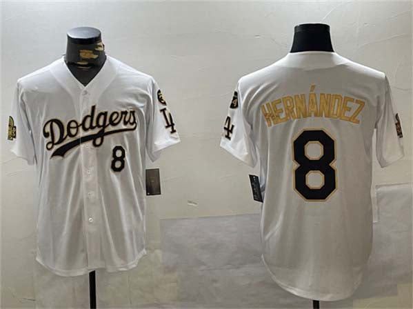 Los Angeles Dodgers #8 Enrique Hernﾃ｡ndez White Gold 2024 World Series With Fernando Memorial Patch Home Limited Stitched Baseball Jersey
