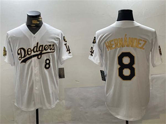Los Angeles Dodgers #8 Enrique Hernﾃ｡ndez White Gold 2024 World Series With Fernando Memorial Patch Home Limited Stitched Baseball Jersey