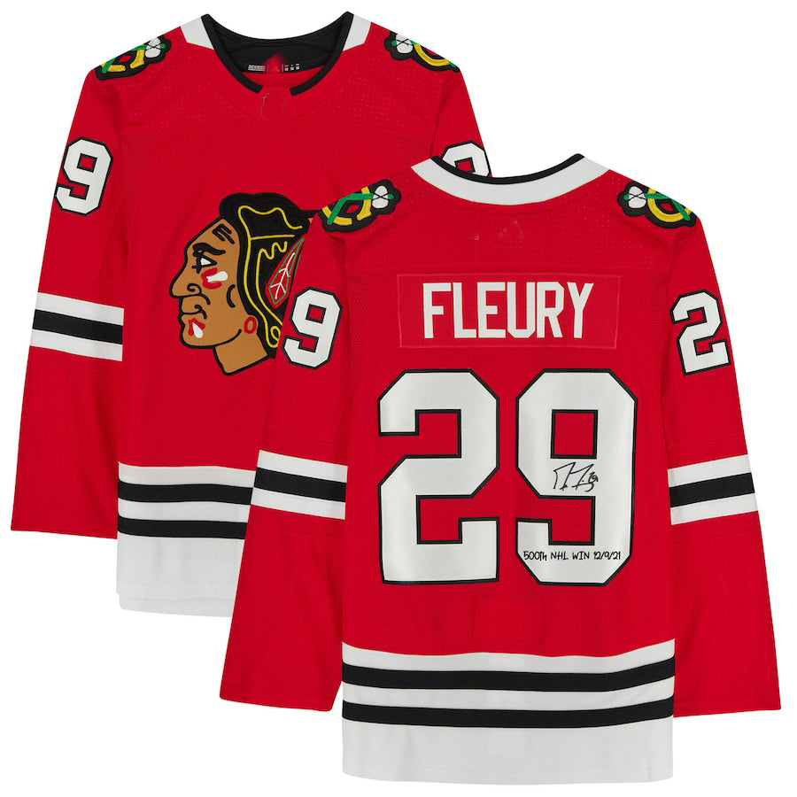 C.Blackhawks #29 Marc-Andre Fleury   Red Jersey with 500th Win 12-9-21 Inscription Red Stitched American Hockey Jerseys