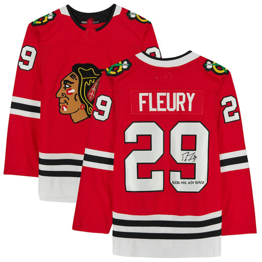 C.Blackhawks #29 Marc-Andre Fleury   Red Jersey with 500th Win 12-9-21 Inscription Red Stitched American Hockey Jerseys