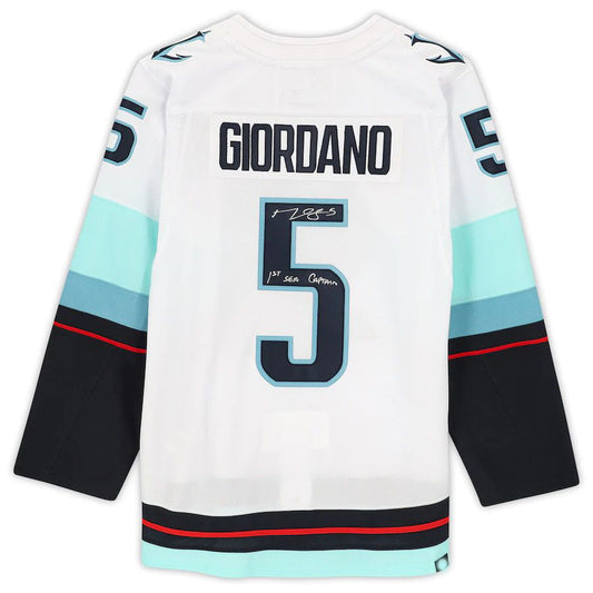 S.Kraken #5 Mark Giordano   White with Inaugural Season Jersey Patch and 1st SEA Captain Inscription Hockey Jerseys