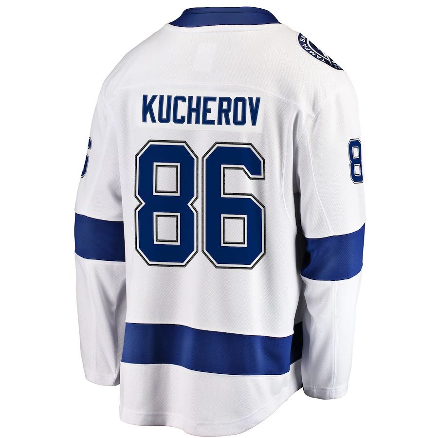 TB.Lightning #86 Nikita Kucherov Away Premier Breakaway Player Jersey White Stitched American Hockey Jerseys