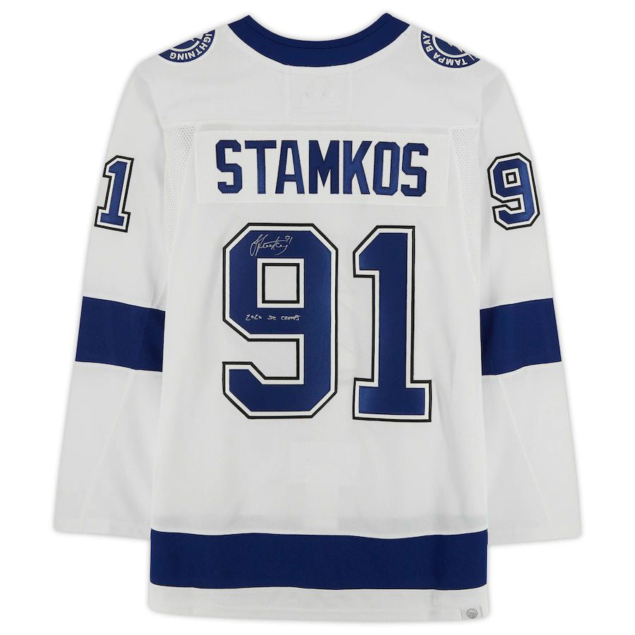 TB.Lightning #91 Steven Stamkos   with Stanley Cup Final Patch and 2020 SC Champs Inscription White Stitched American Hockey Jerseys