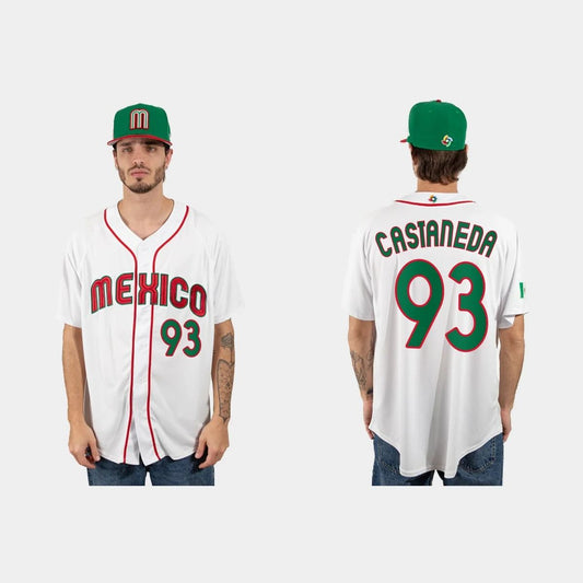 #93 VICTOR CASTANEDA MEXICO BASEBALL 2023 WORLD BASEBALL CLASSIC JERSEY C WHITE Stitches Baseball Jerseys