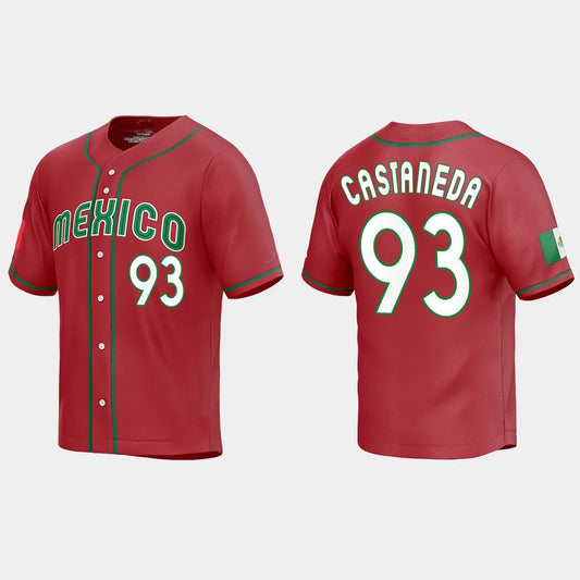 #93 VICTOR CASTANEDA MEXICO BASEBALL 2023 WORLD BASEBALL CLASSIC REPLICA JERSEY C RED Stitches Baseball Jerseys