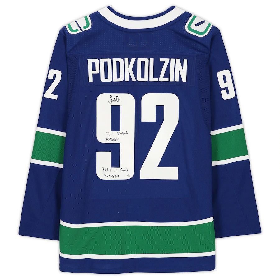 V.Canucks #92 Vasily Podkolzin   Jersey with Multiple Inscriptions Limited Edition of 21 Blue Stitched American Hockey Jerseys