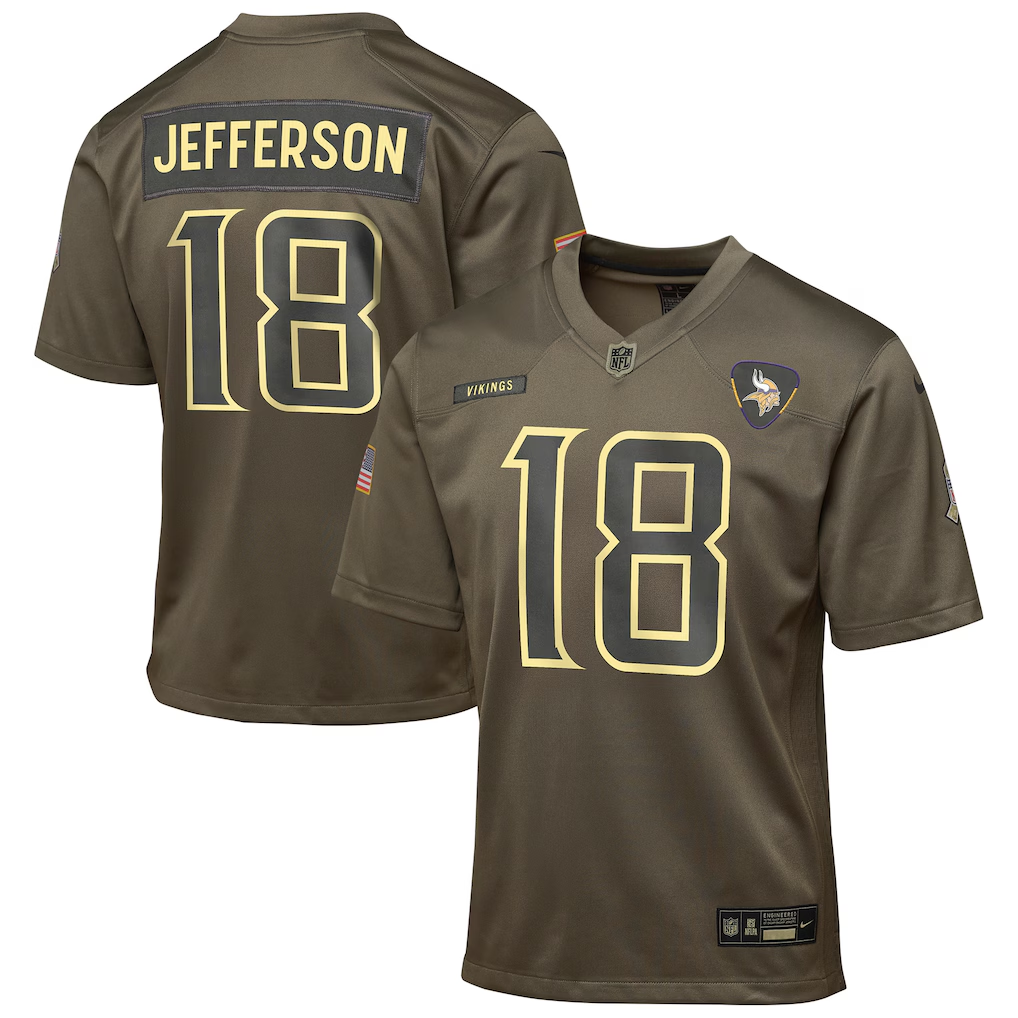 Youth Minnesota Vikings Justin Jefferson Nike Olive 2025 Salute to Service Game Jersey