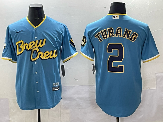 Men's Milwaukee Brewers Brice Turang #2 Powder Blue City Connect Replica Player Jersey