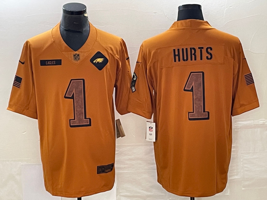 Men's Philadelphia Eagles Jalen Hurts #1 Brown 2023 Salute To Service Limited jersey