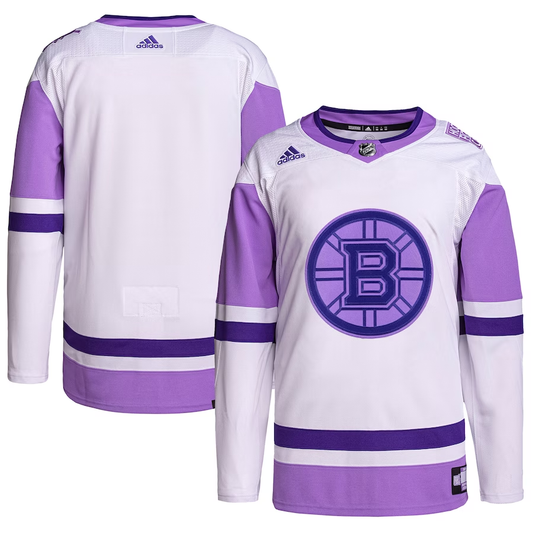 Men's Boston Bruins White/Purple Hockey Fights Cancer Primegreen Authentic Blank Practice jersey